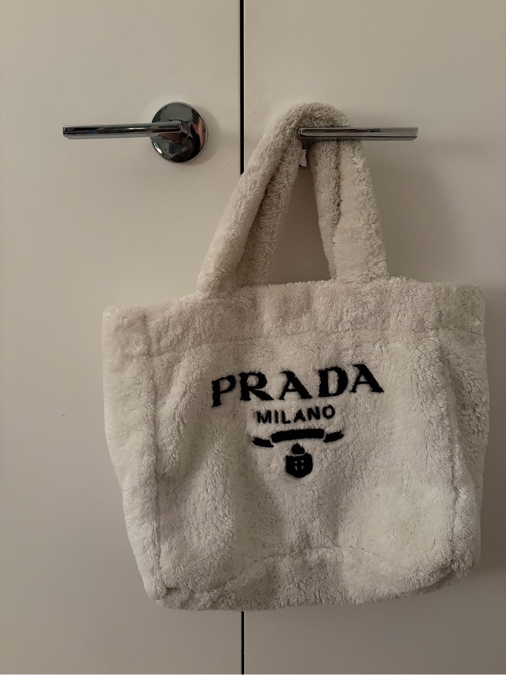 Prada Cream Plush Tote with Black Logo